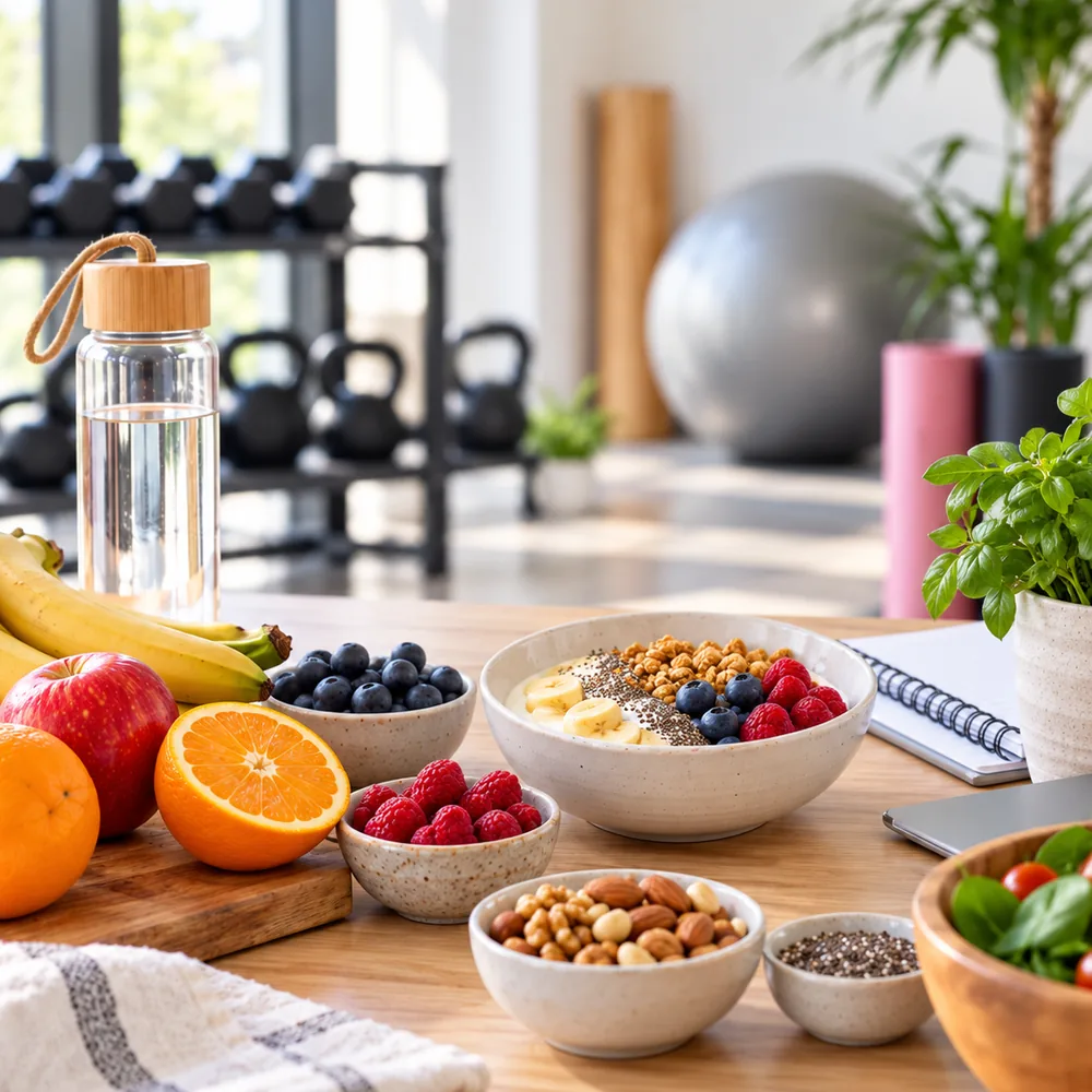 Colazione sana con frutta, yogurt e frutta secca in una palestra luminosa