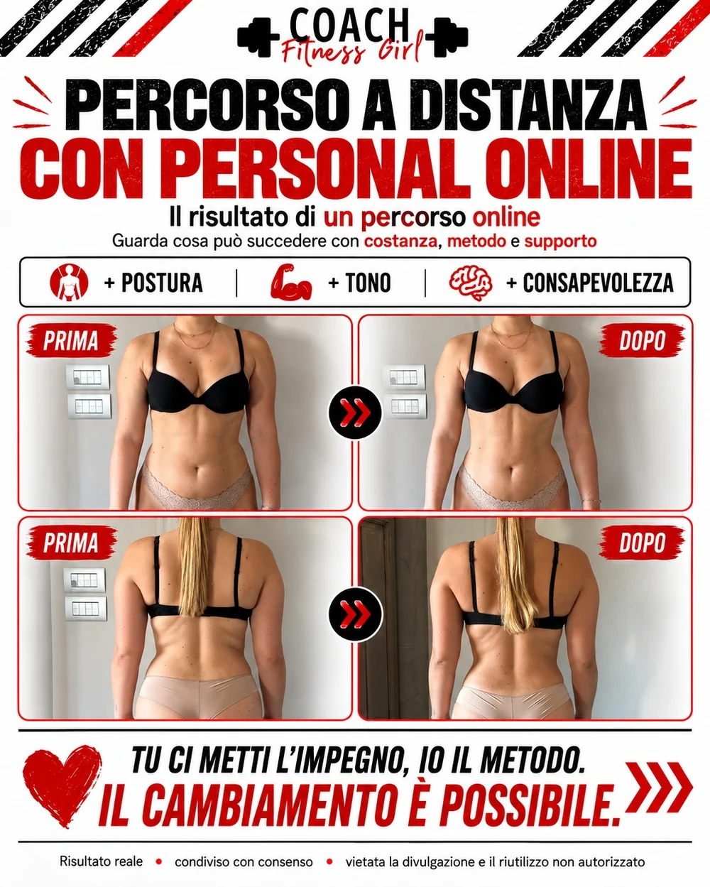 Prima e dopo: percorso a distanza con personal online, risultato reale condiviso con consenso