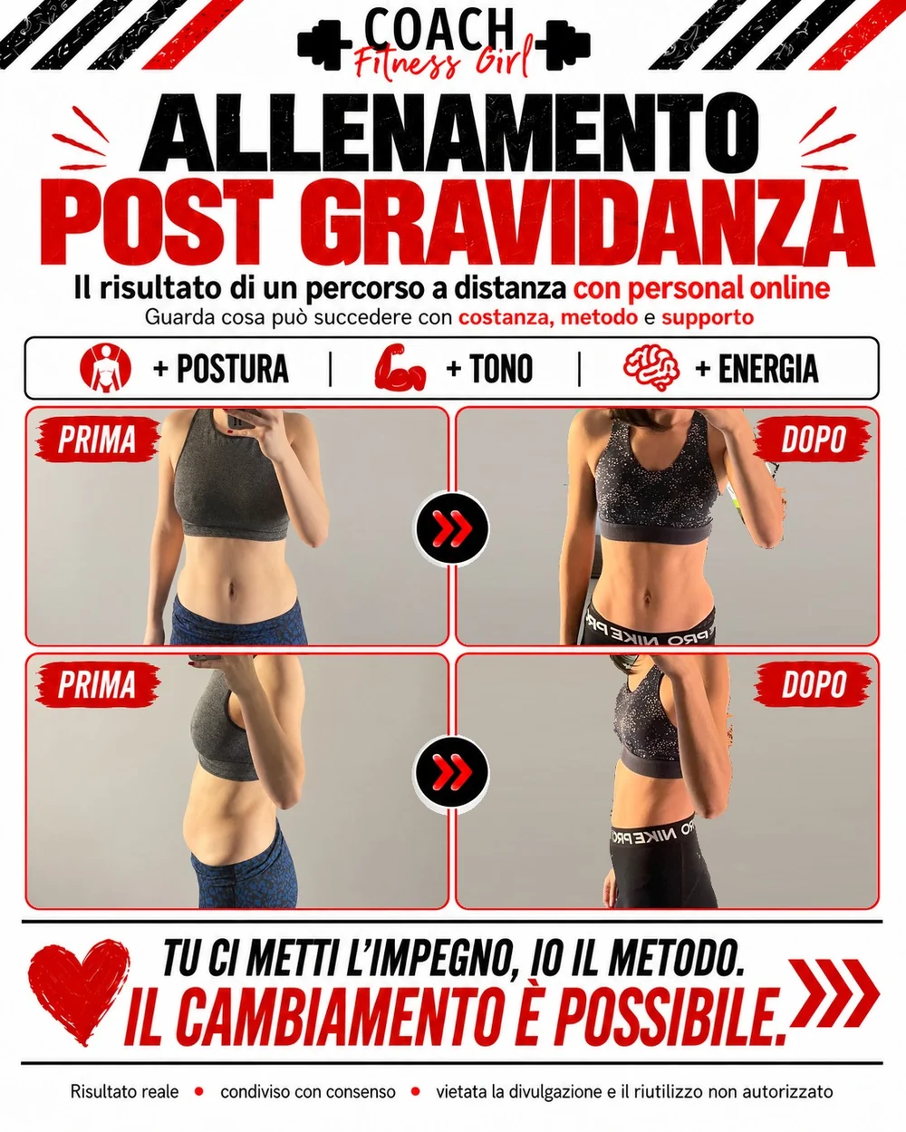 Prima e dopo: percorso post gravidanza con personal online, risultato reale condiviso con consenso